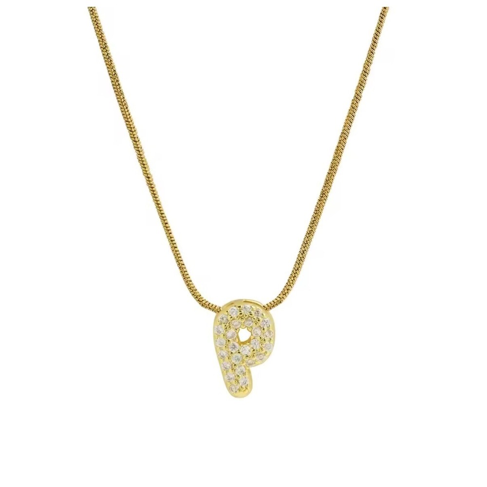 18k Gold Plated Bubble Initial P Pendant Necklace Cubic Zirconia Pave Jewelry